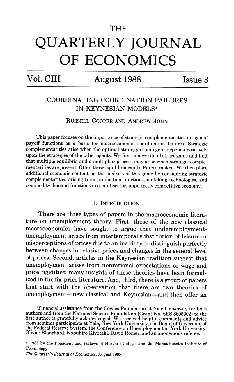 Russell Cooper & Andrew John — Coordinating Coordination Failures in Keynesian Models