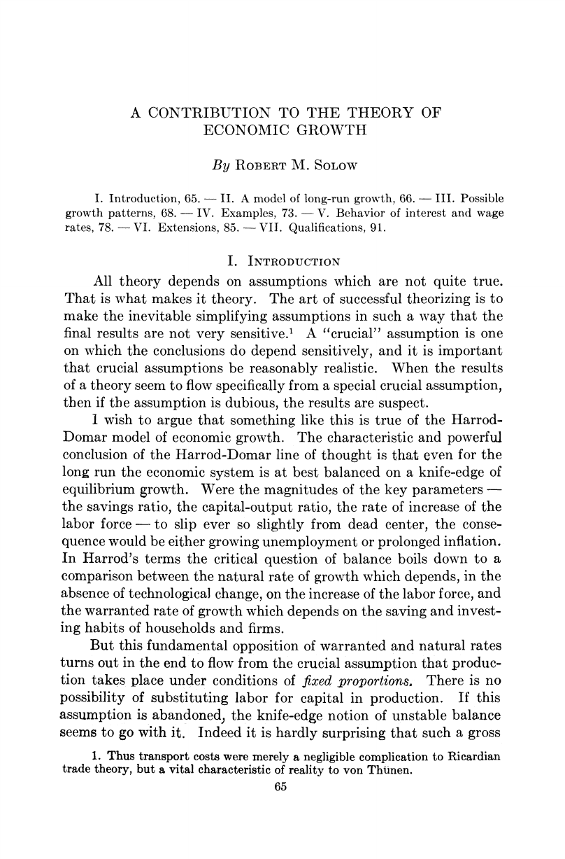 Robert M. Solow — A Contribution to the Theory of Economic Growth