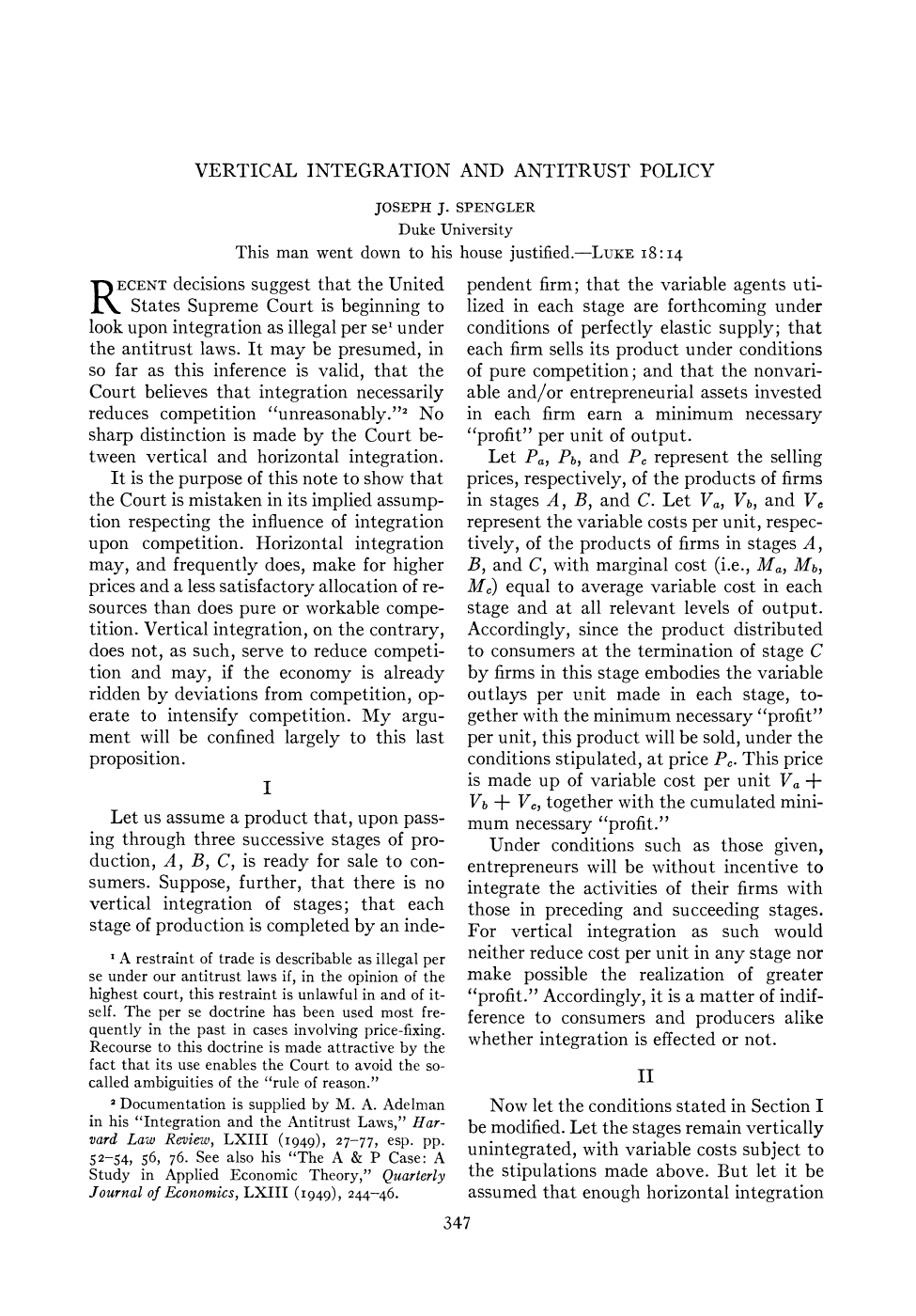 Joseph J. Spengler — Vertical Integration and Antitrust Policy